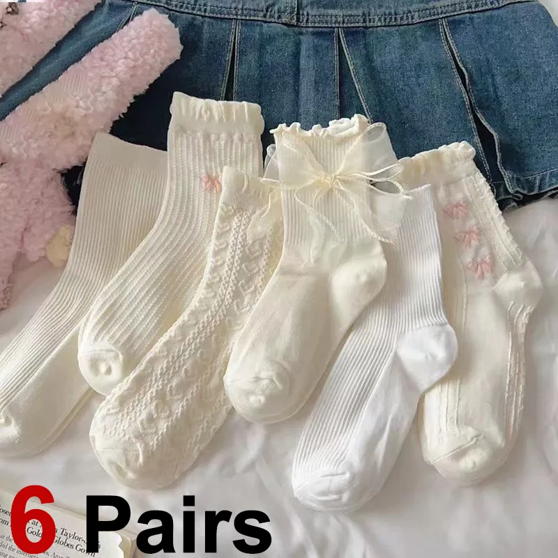 

6 Pairs Women Butterfly Knot Mid Tube Socks Cute Lolita Jk Lace Heart Soft Comfortable Sweat Absorbing Breathable Casual Socks