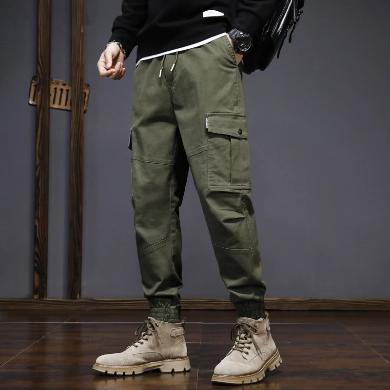 

Casual Men's Solid Full-Length Cotton Cargo Pants 2024 Spring Autumn Outdoor Joggers Plus Size M-6XL Drawstring Waist Trousers