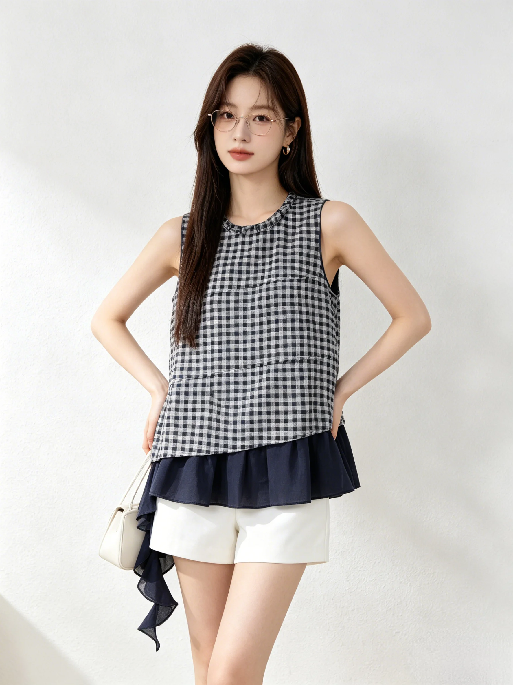 

Retro Plaid Sleeveless Vest with Ruffle Design Korean Style Breathable Summer Top Women's Fashion Outerwear Casual Wear