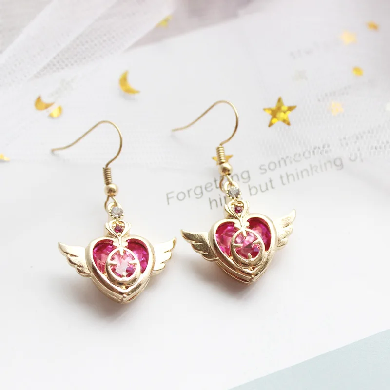 Card Captor Sakura Angel Wing Pink Rhinestone Sweet Heart Stud Earrings Japanese Anime Girls Star Moon Cosplay Earring