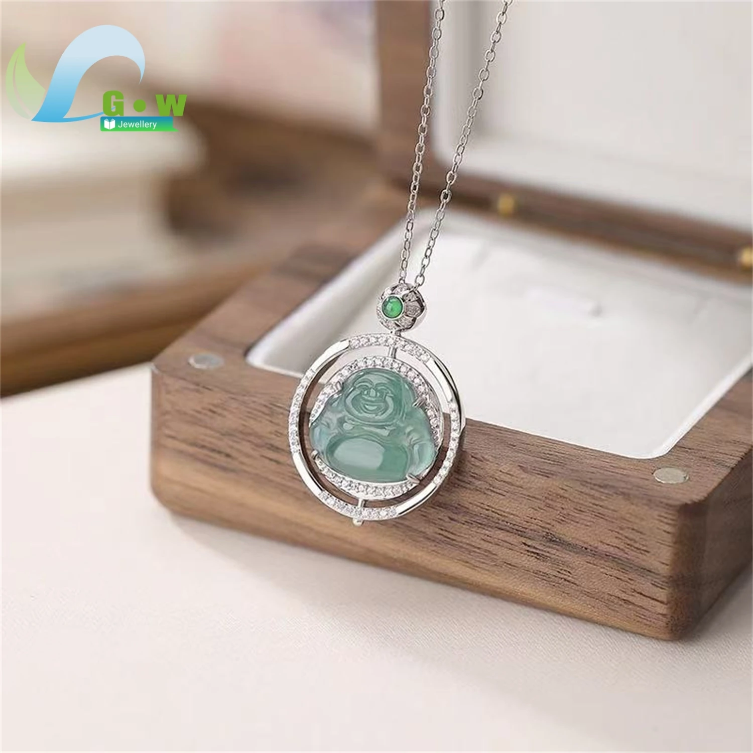 Natural Blue Water Jadeite Maitreya Buddha Pendant Vintage Chinese Style Rotating Hanging Jade Amulet Necklace Unisex Gemstone