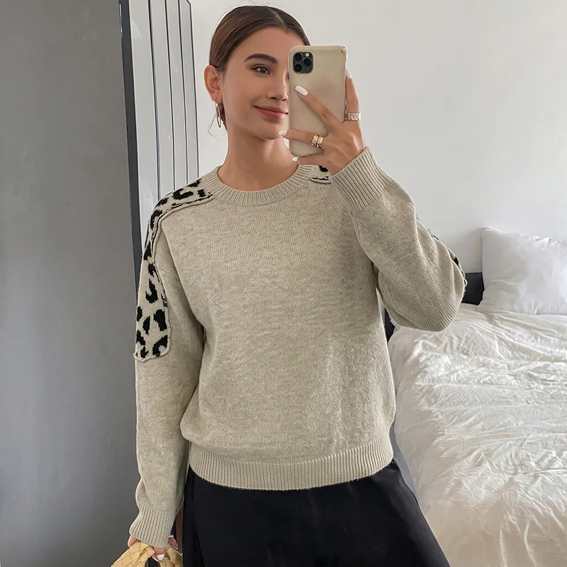 Autumn Long Sleeve Knitted Pullovers Casual Women Tops Loose O Neck Sweater Women Fashion Leopard Print Loose Sweaters Spring
