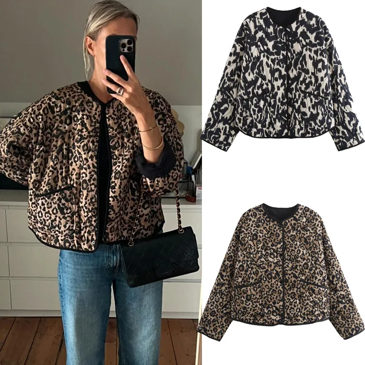 

Winter Autumn Bomber Jacket Women's Vintage Women Leopard Quilting Round Neck Loose Animal Printed Long Sleeve Padded Jacket