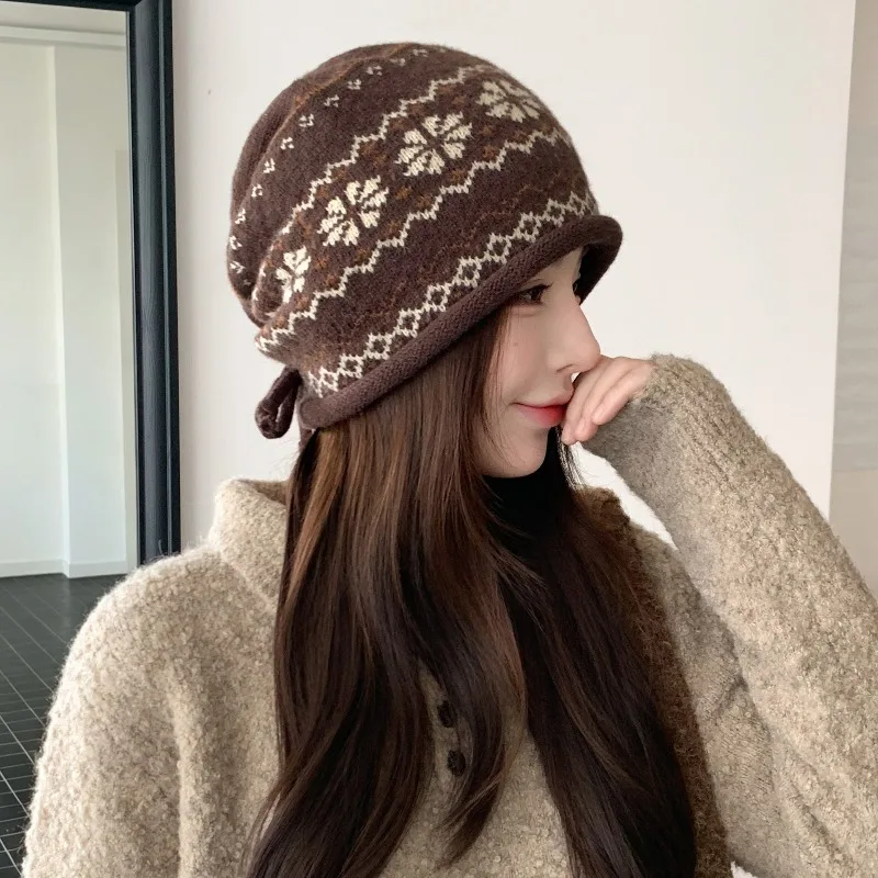 Fair Isle Slouchy Beanie Women Fall Winter Rolled Brim Retro Plus Size Knit Skull Cap Warm Ear Flap