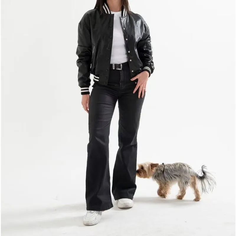 Casual Ladies' Jacket Autumn 2025 New Fashionable and Versatile Streetwear Baseball Pu Leather Long Sleeves Coats for Woman