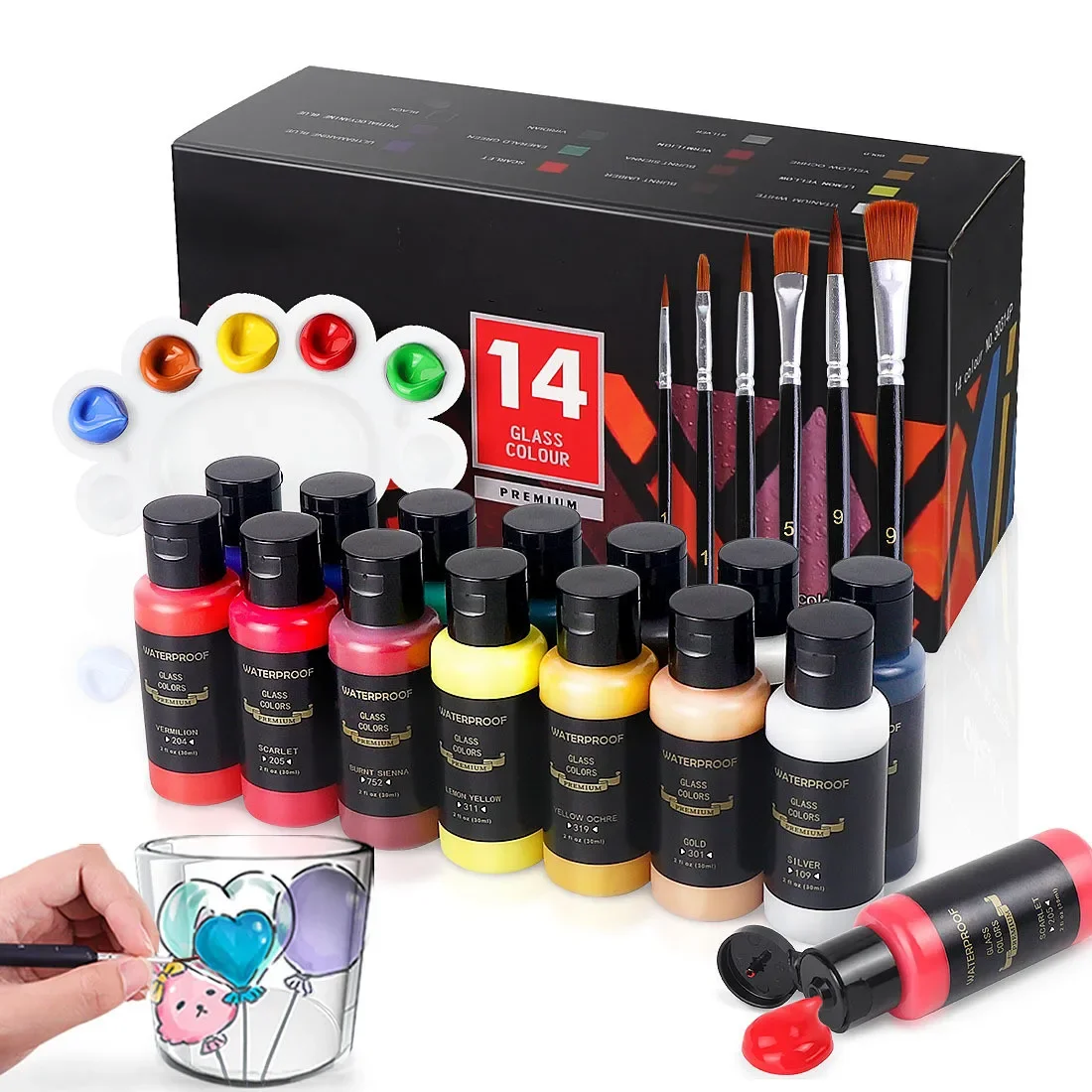 Juego de pintura de vidrio antimanchas, Kit de pintura de esmalte acrílico impermeable, suministros de arte, 14, 26 colores, 6 pinceles de nailon, 1