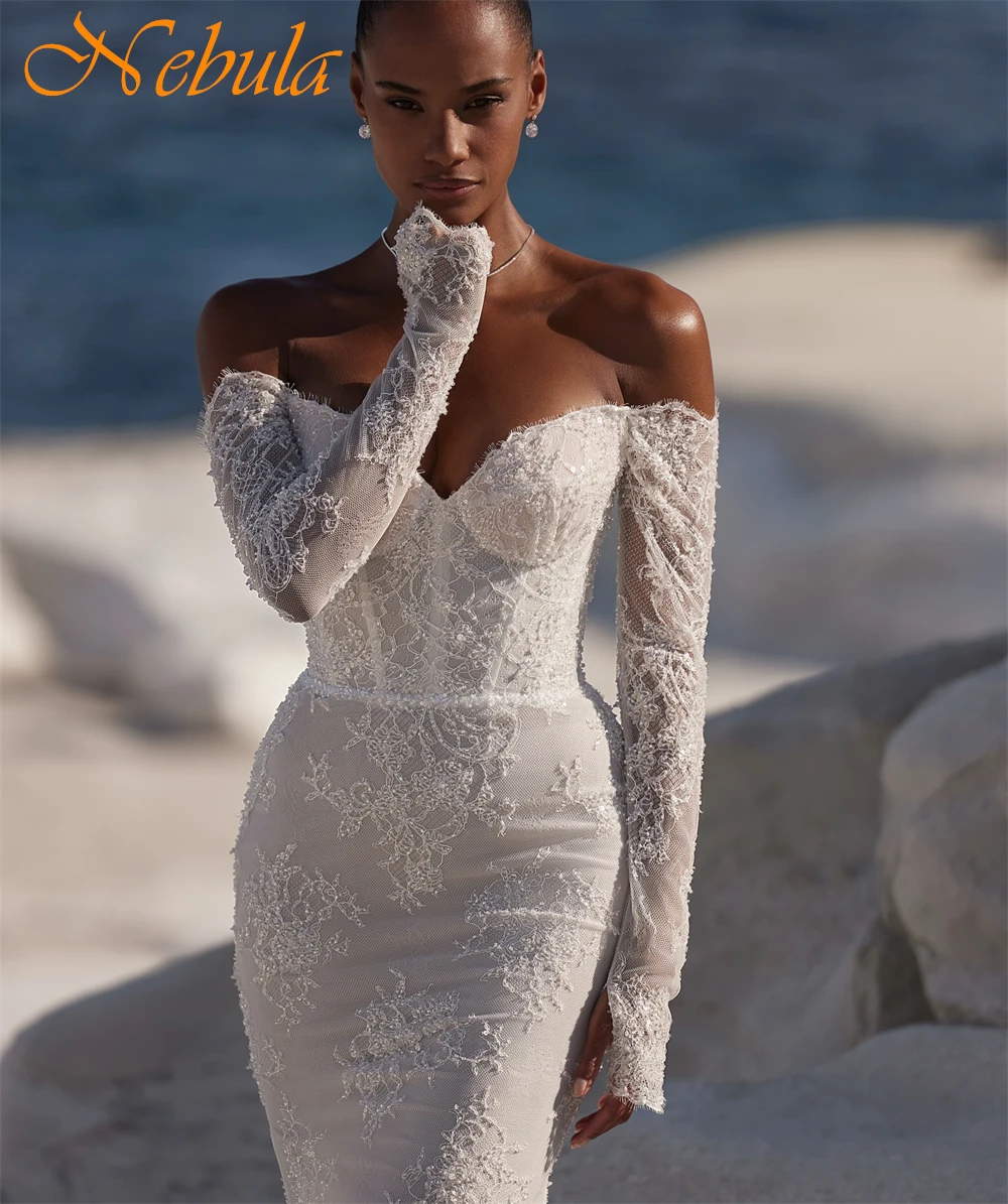 Vestido De Novia De encaje blanco bohemio personalizado, vestidos De Novia formales De manga larga con escote en forma De corazón, Vestido De Novia suave con cola De corte De sirena