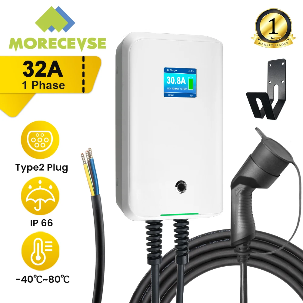 MOREC New EV Charger 32A EVSE Wallbox Electric Vehicle Car Charging Station 220V Type 2 1 Phase 7.2KW IEC 62196-2 6M Cable