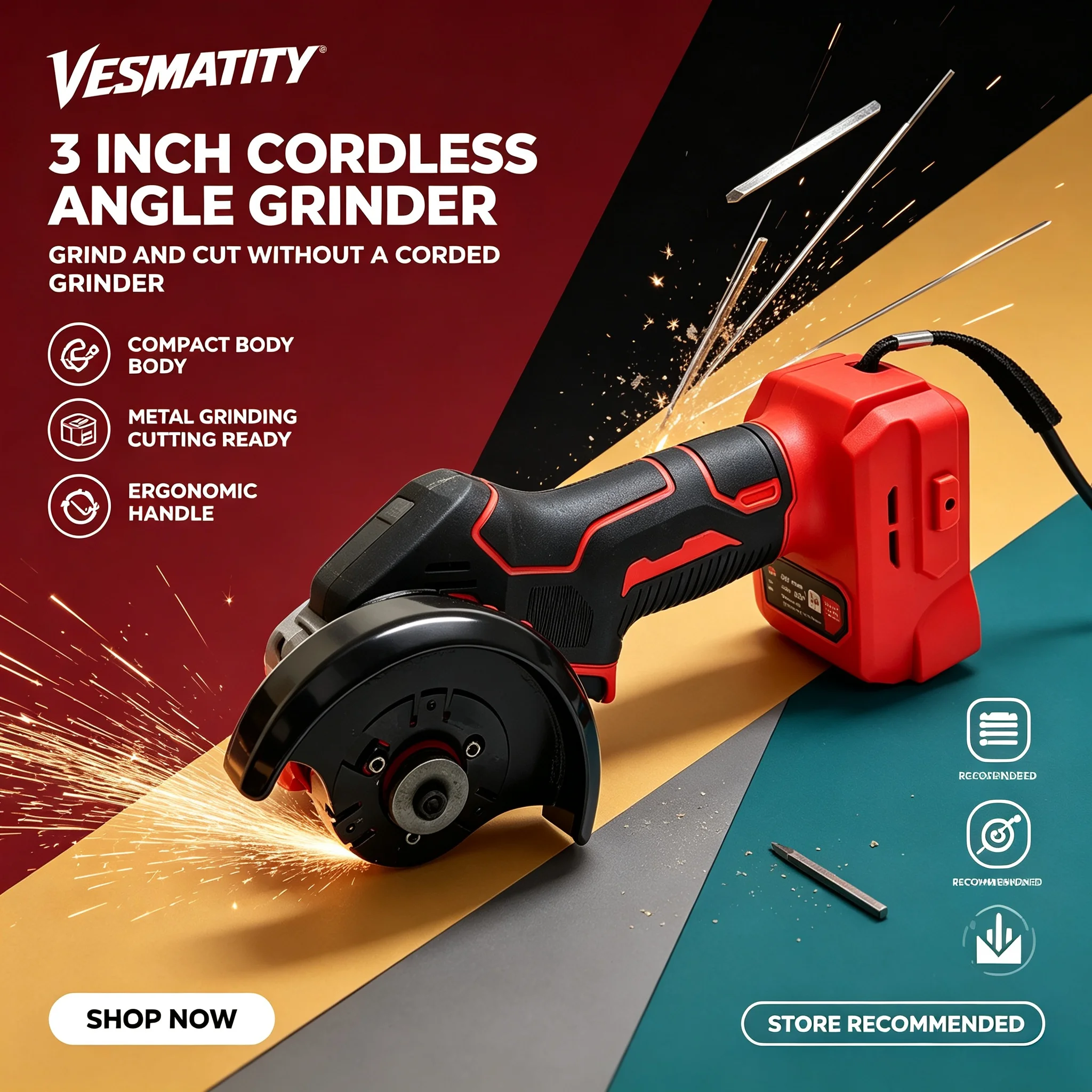 Vesmatity Battery Cordless Angle Grinder 3 Inch Polishing Machine Mini Diamond Cutting Grinding Cut Off Tools Max Power
