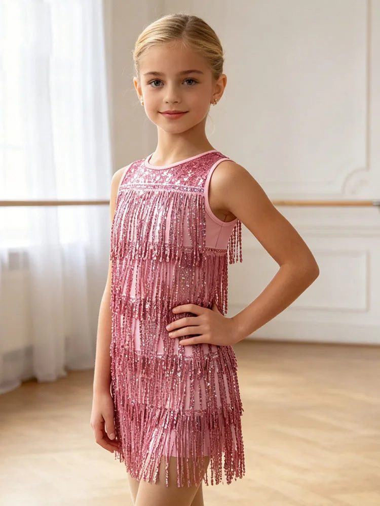 Kids Gold Sequin Fringe Latin Dance Dress Girls Sleeveless Ballroom Salsa Cha Cha Tango Performance Costume Shiny Fringe Colthes