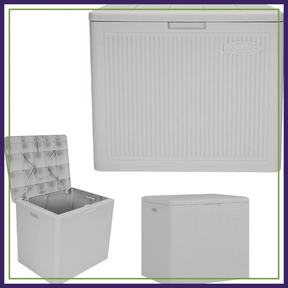 

22-Gal. Resin Outdoor Patio Deck Box with Reeded Design, Modern Storage Bench for Cushions, Garden Tools, French Gray