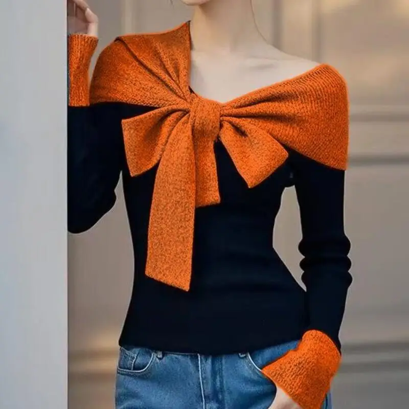 Hot 2025 Autumn Winter New Women Fashion Fake Two Piece Bow Knitted Sweater Light Luxury Design Super Beautiful Knitted Sweater