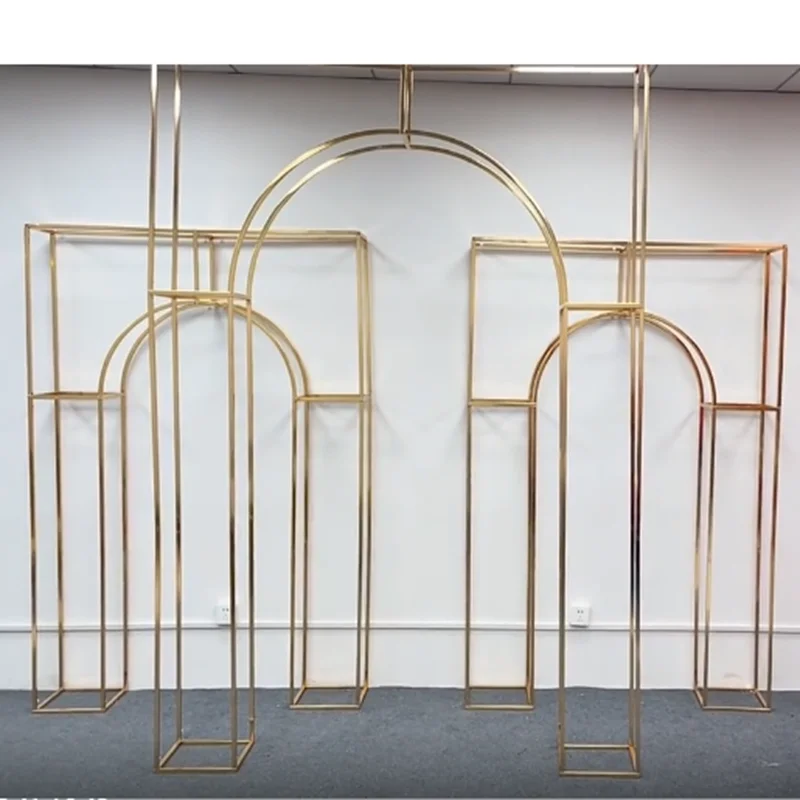Shiny Gold Double Arch Artificial Flower Display Stand, Wedding Stage, Welcome Aisle, Door Backdrops, Birthday Balloons Rack