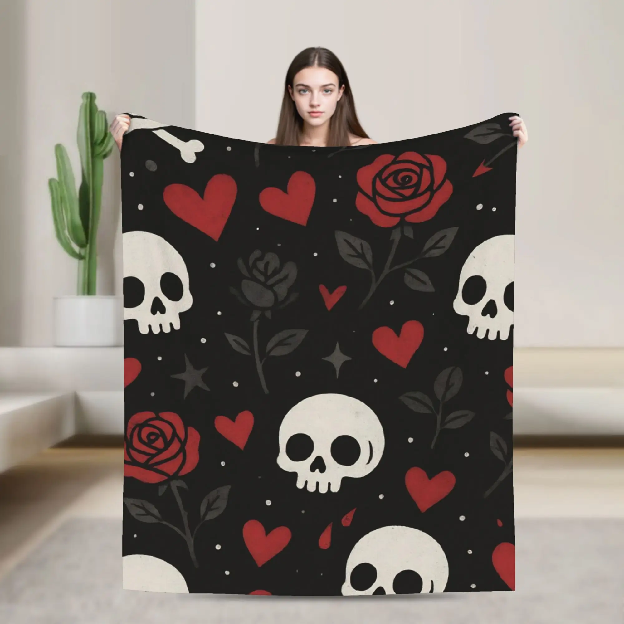 Halloween Gothic Knitted Blanket Velvet Skulls Roses Warm Throw Blankets for Home Couch Bedroom Quilt
