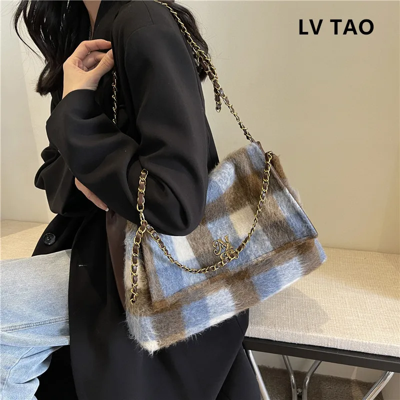 Women Large Capacity Autumn Winter New Soft Plaid Ladies Travel Designer Handbag Tote Women's Bag Shoulder Wool Shopper Bags