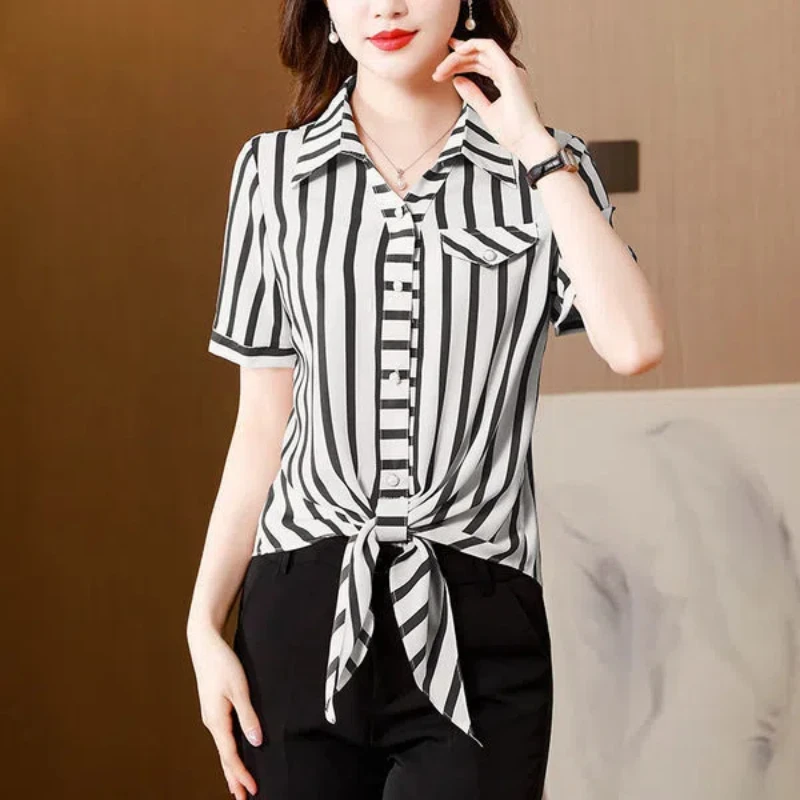 All-match Blouse Women\'s Striped Short Sleeve Fashion Polo Neck Loose Lacing Office Shirt Tops Summer Vintage Casual Clothing