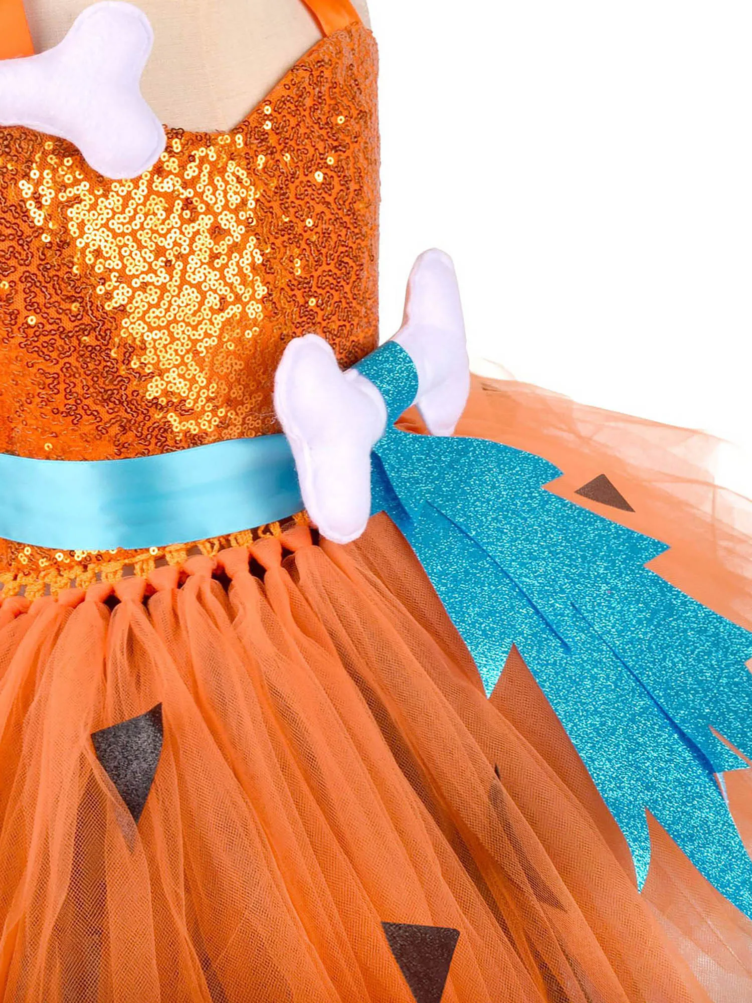 الفتيات هالوين تحت عنوان حفلة الكهف تأثيري ازياء Cavegirl الترتر فستان الرسن الرقبة ثلاثية الأبعاد العظام منتفخ تنورة مع مجموعات أغطية الرأس #5