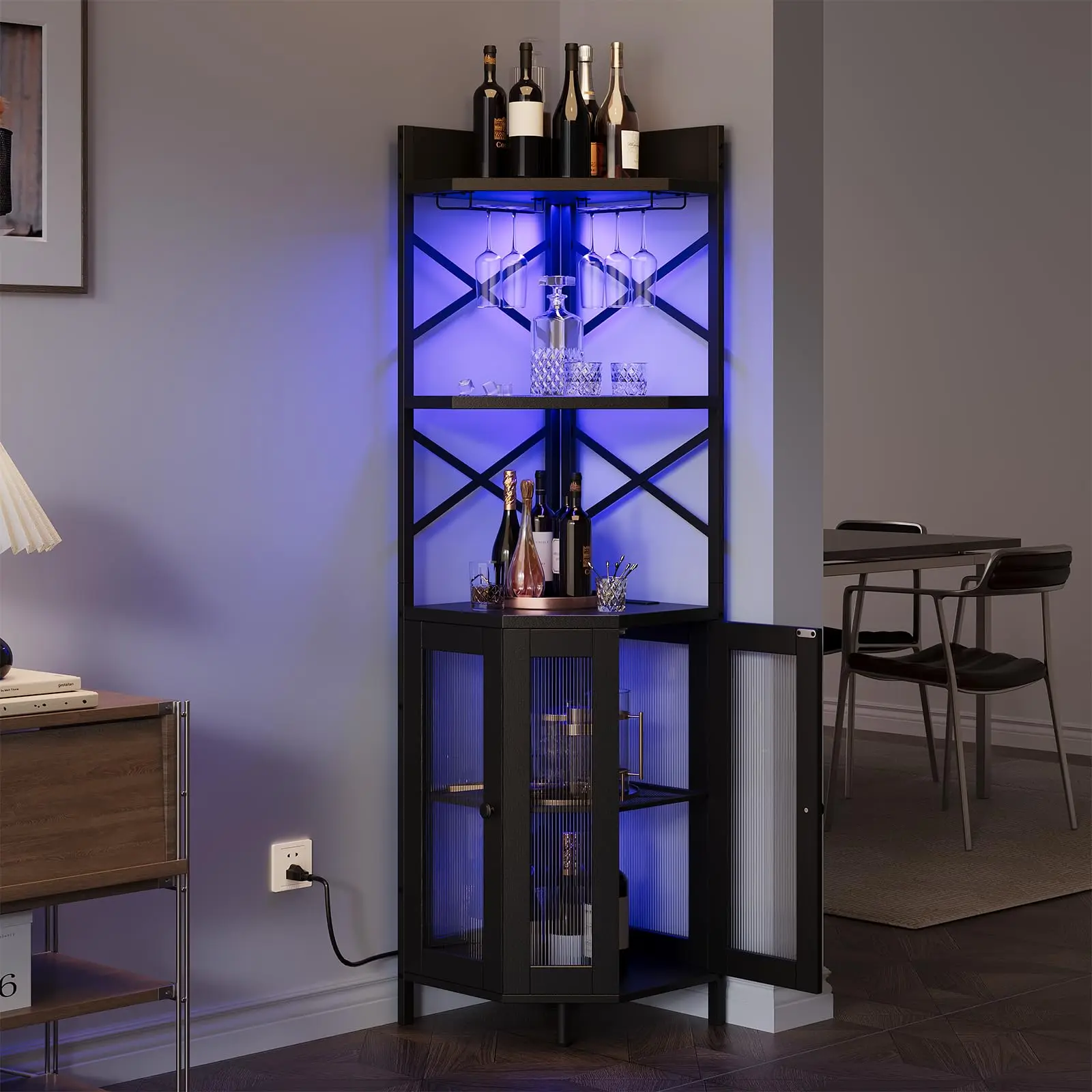 Corner Bar Cabinet with Power Outlet, 5-Tier Corner Wine Cabinet with Led Strip and Glass Holder, Industrial Tall