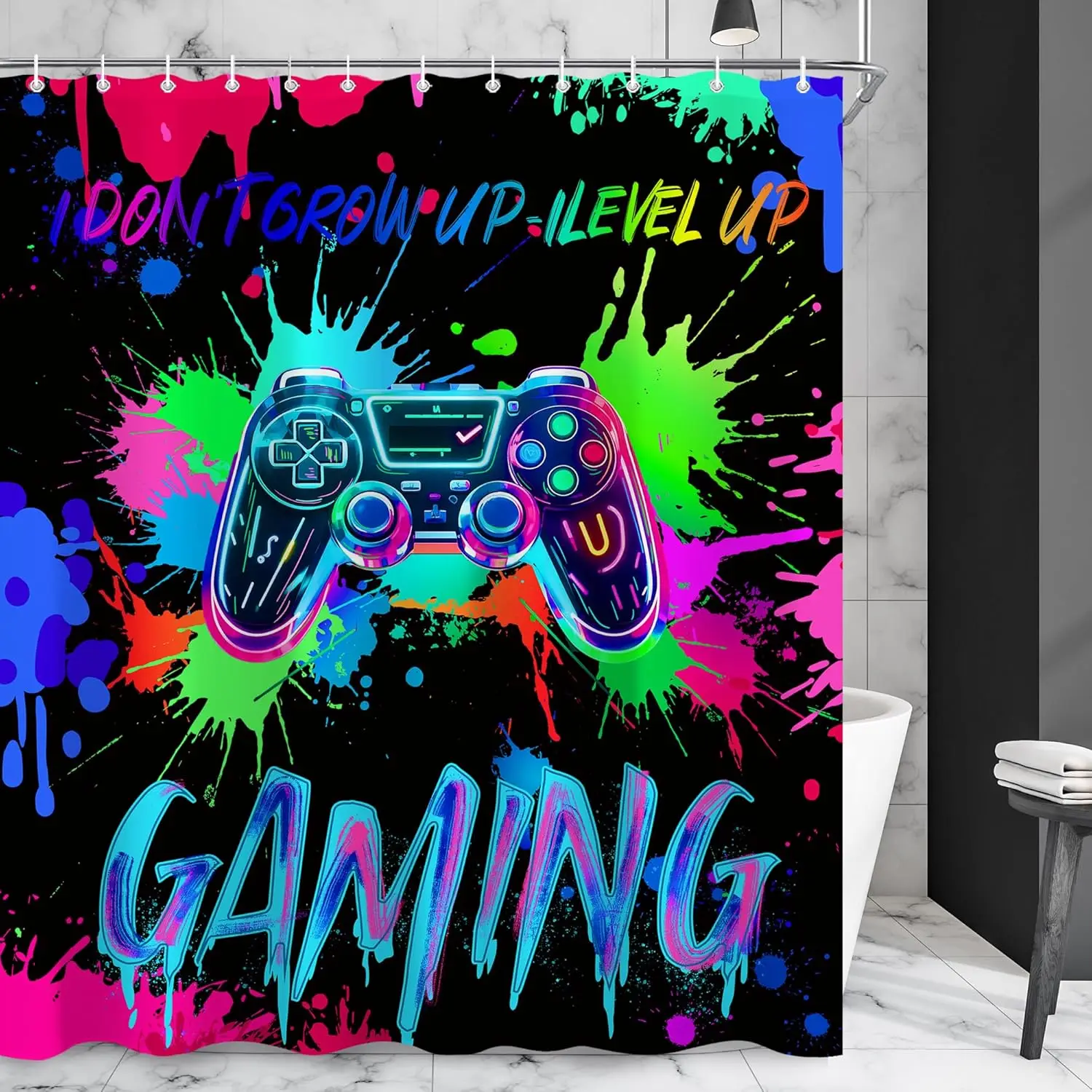 Neon Gaming Shower Curtain, Retro 80s Video Gamepad Design, Trippy Modern Gamer Style, Waterproof Bath Curtain  with  Hooks