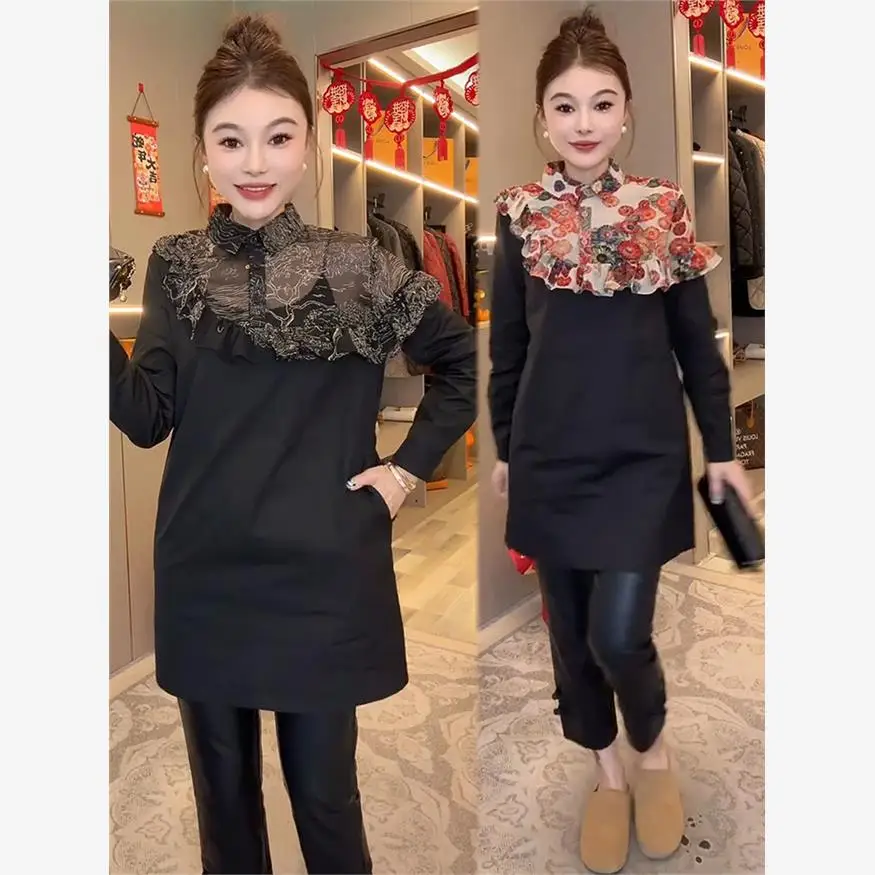 

Spring 2025 Korean Sle Slimming Collar irt Midi Length Hip Covering Faionable Bell Sve Design Clean Fit Women's...
