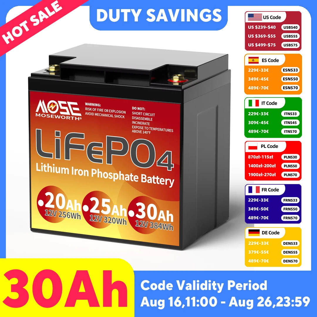 MOSEWORTH 12V 30Ah LiFePO4 Batterie mit BMS, Lithium-Eisenphosphat-Akku für Kinderfahrzeuge, Beleuchtung und Camping