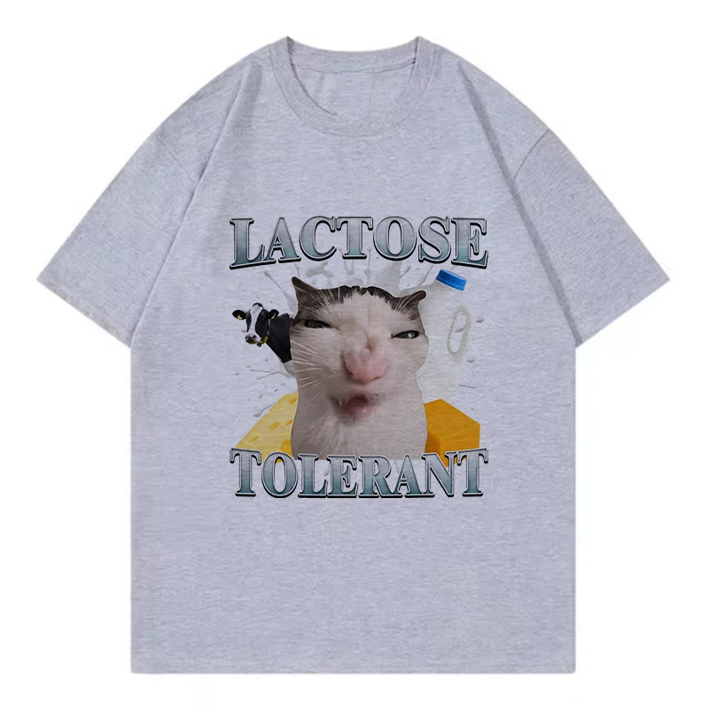 Lactose Intolerant Milk Cat Meme Print T-Shirt Men Retro Fashion Short Sleeve T-shirts Casual Summer Spring Clothing