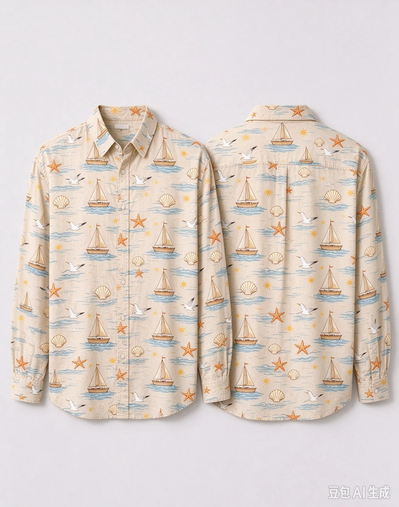 Unisex All Over Beach Print Long Sleeve Shirt, Loose Button Down Shirt with Front & Back Pattern for Men Women Seaside Vacation