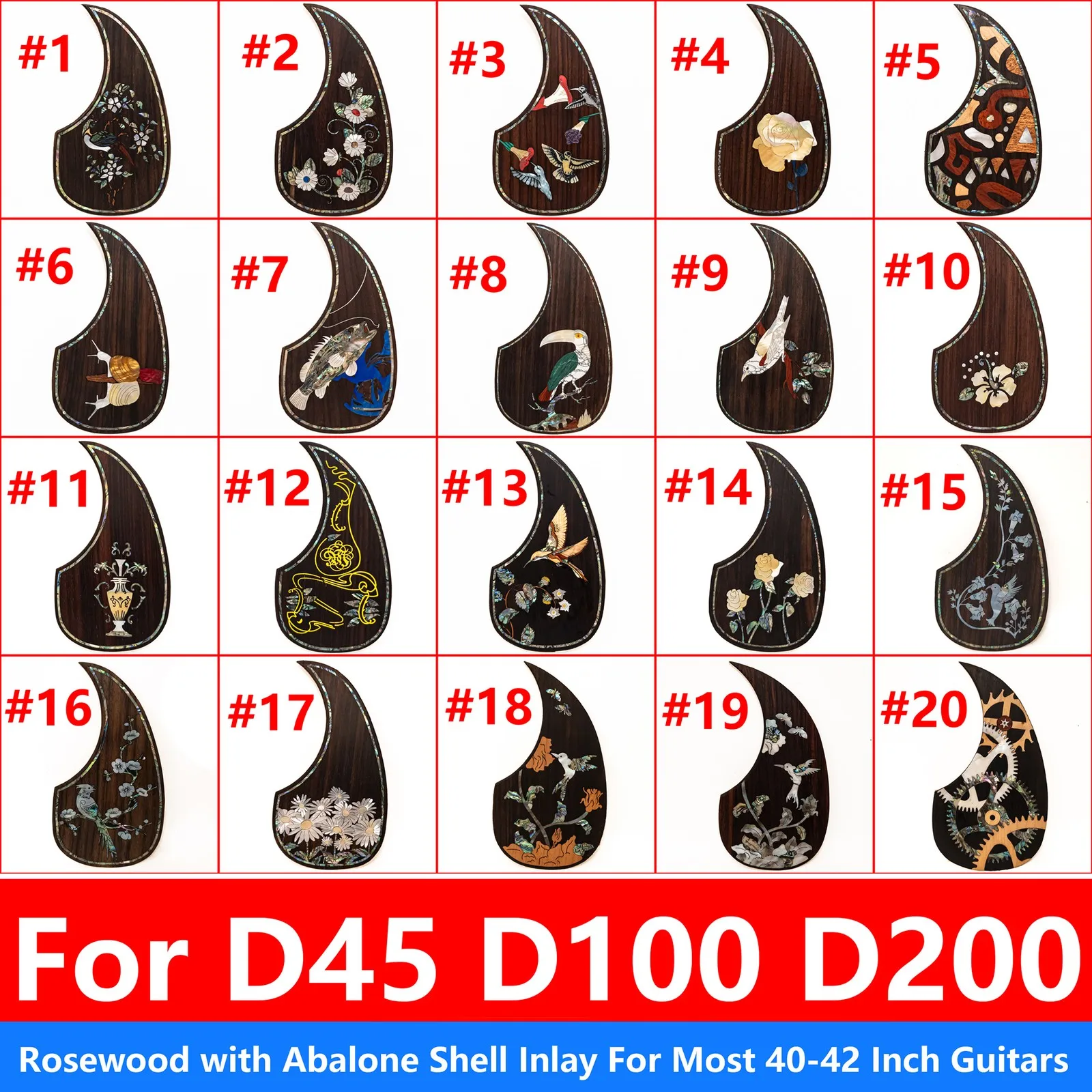 

Накладка для акустической гитары из палисандра, инкрустированная оболочкой из морского ушка для серий D, 45, 100, 200, также подходит для большинства гитар диаметром 40–42 дюйма