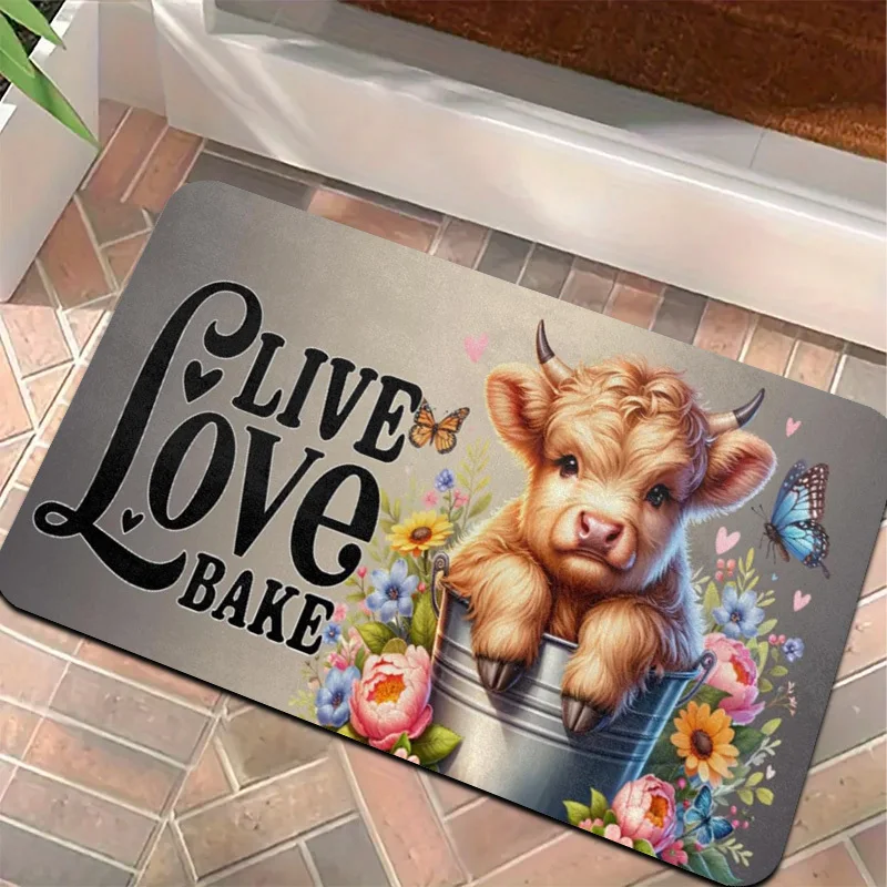 1pc Live Love Bake Rug – Adorable Cow in Bucket with Flowers, Charming Mat for Kitchen & Baking Decor
