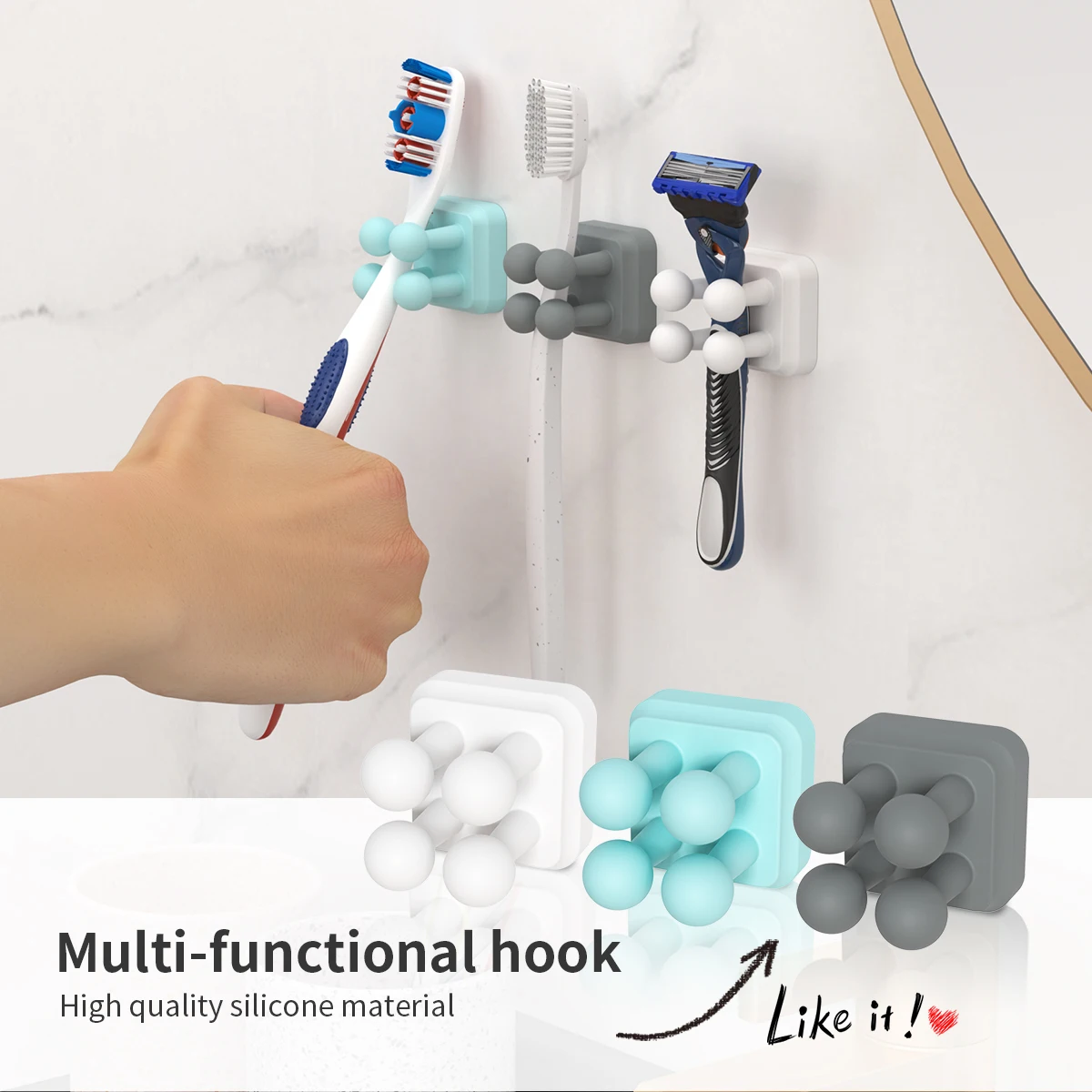 Silicone Toothbrush Holder Waterproof Multi-function Hook Self Adhesive Wall Mounted Razor Towel Key Plug Cable Hanger 1/2 pcs