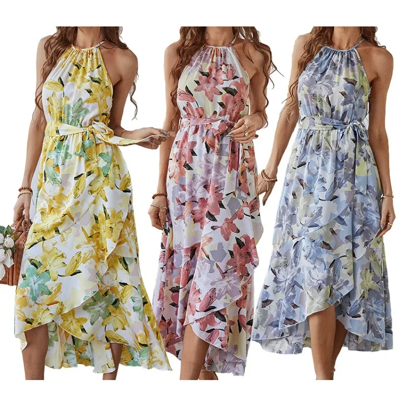 Dress Women Summer 2022 Fashion Floral Printed shoulder-straps Halter Waist Belt Dresses Casual Vestidos Dropshipping JQMY36