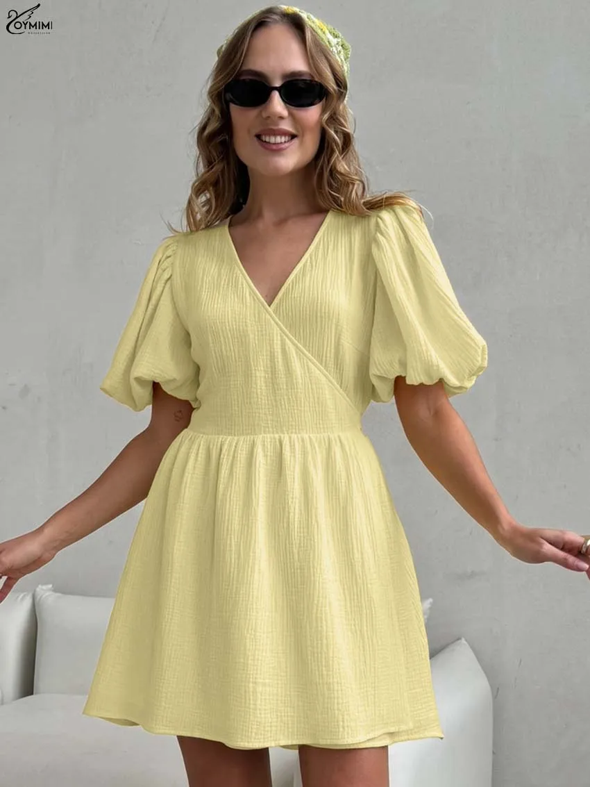 

Oymimi Fashion Yellow Cotton Dresses For Woman Elegant V-Neck Puff Sleeve Lace-Up Dresses Autumn High Waist Loose Mini Dress