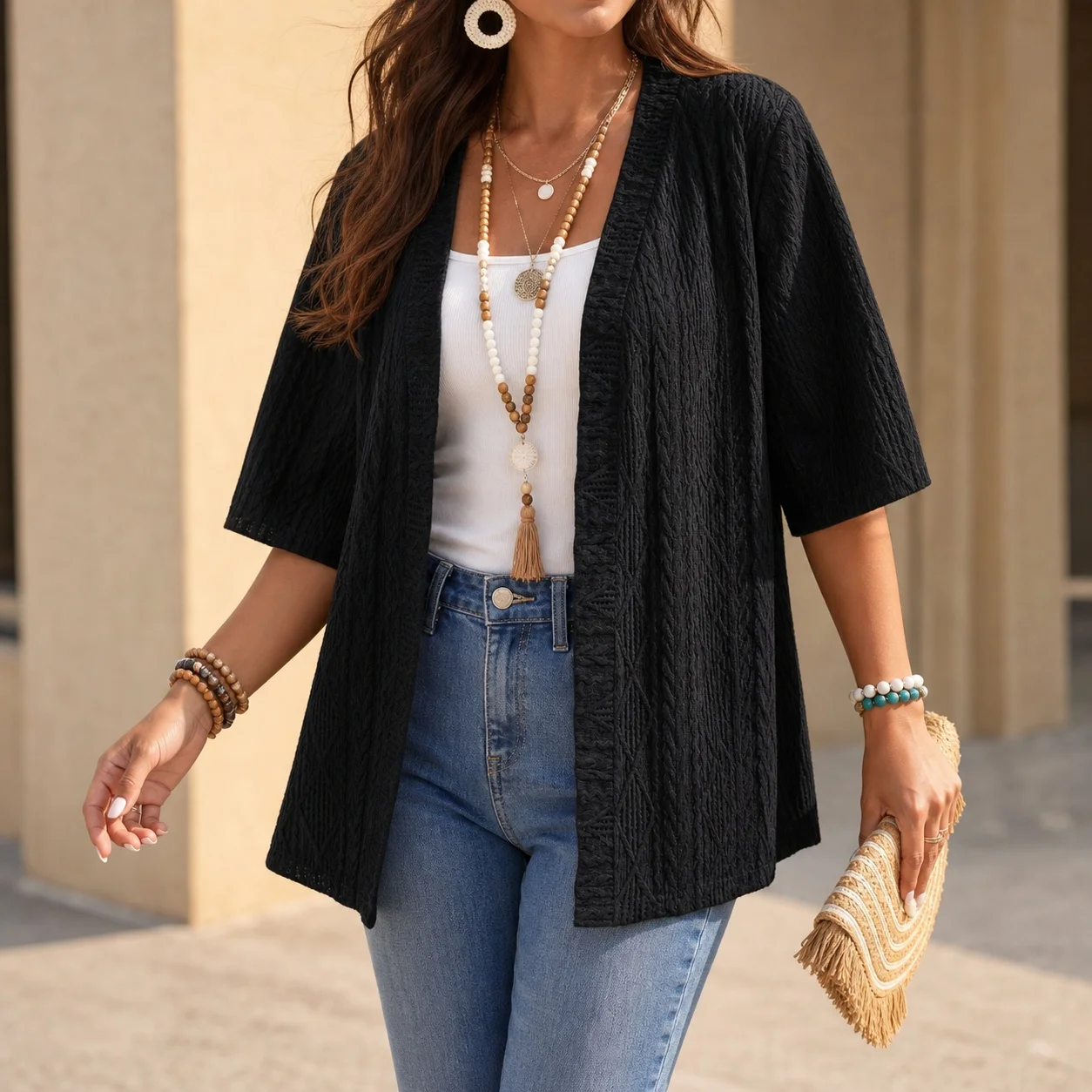 Women's Summer Off Shoulder Ruffle Longline Cardigan Three Quarter Sleeve Solid Color Medium Weight Regular Sleeve Fit Loose