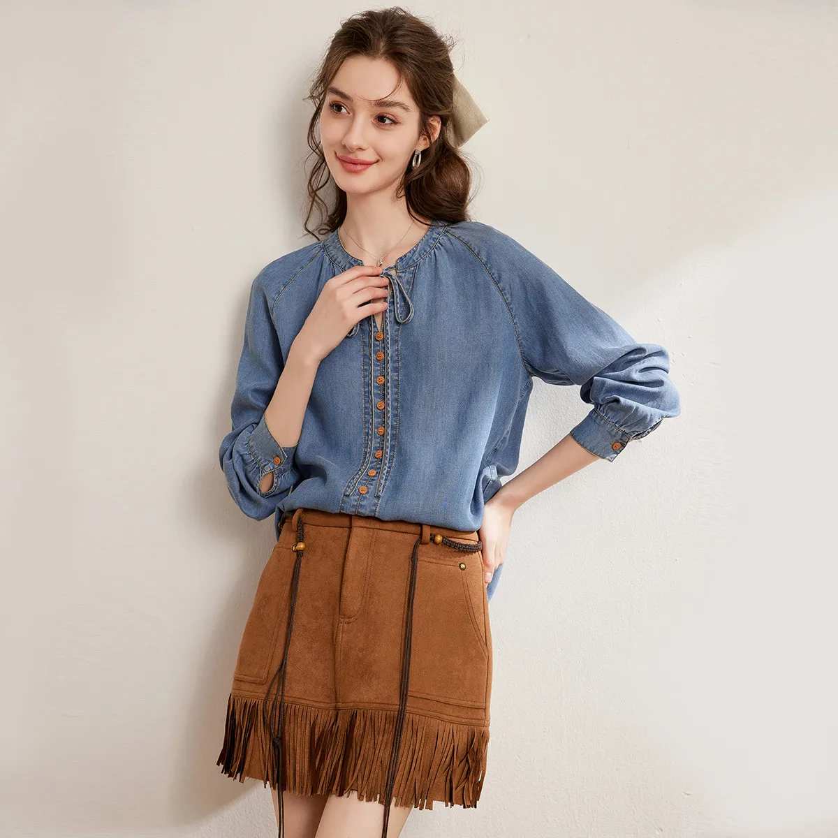 LOUIS YAO New Lace-up Tie-Front Collar Women's Denim Shirt 2025 Spring Raglan Sleeve Long-Sleeve Blouses Denim Tops