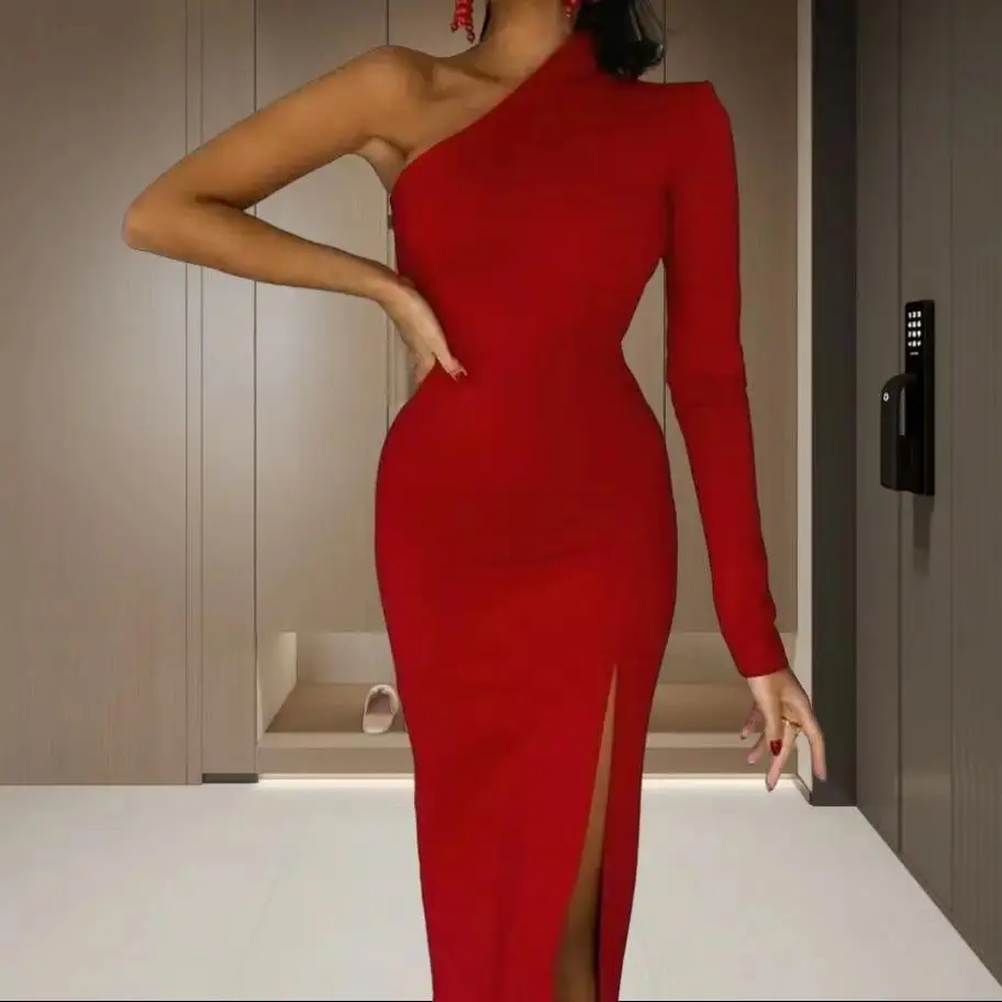 مثير سبليت سليم صالح Bodycon الدكتور واحد الكتف منخفضة الخصر ربيع 2024 Faion المرأة الدكتور البوليستر النسيج لا Sve