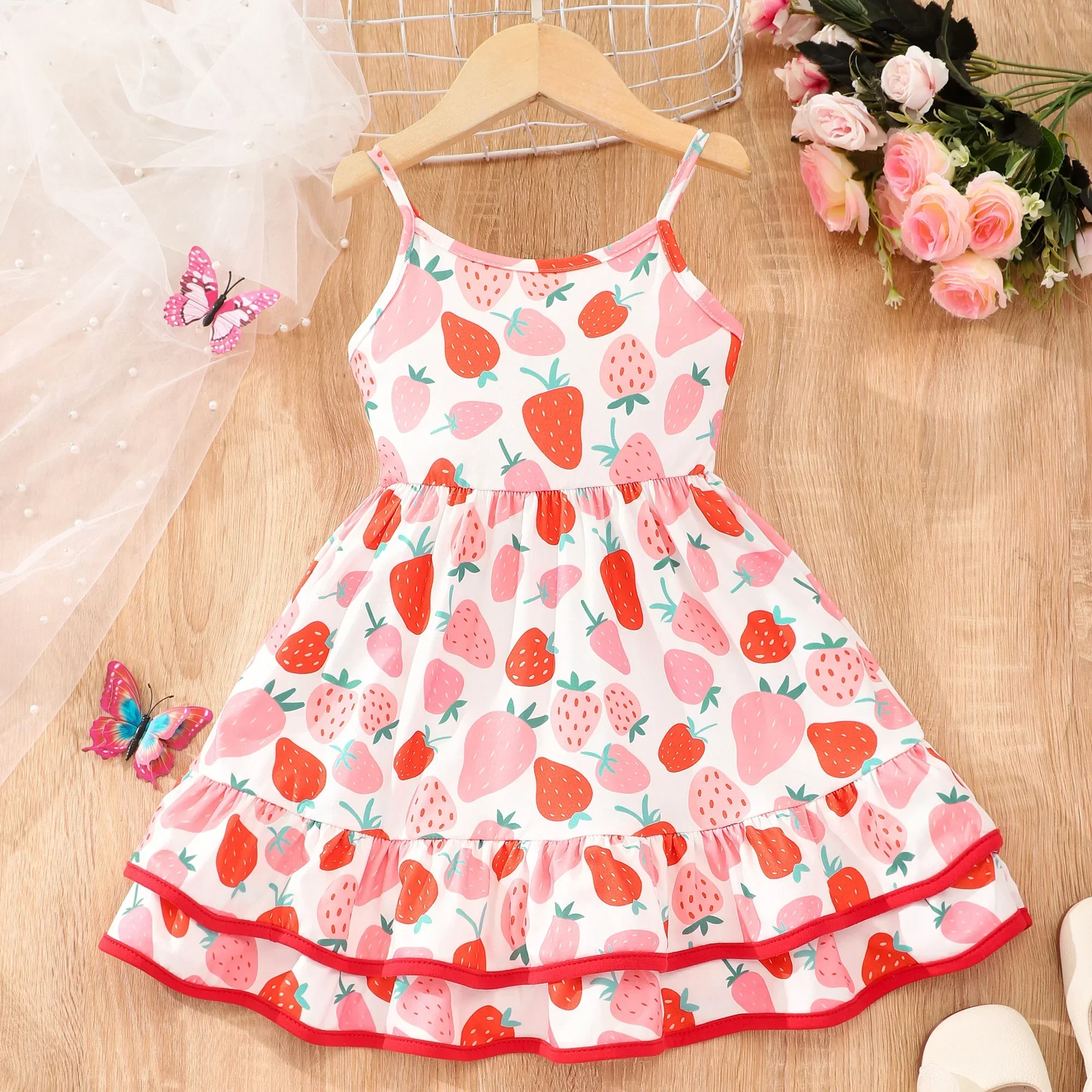 Girls Clothing Summer Dress Kids Sleeveless Double Layered Ruffle Youth Pattern Casual Colorful Dress