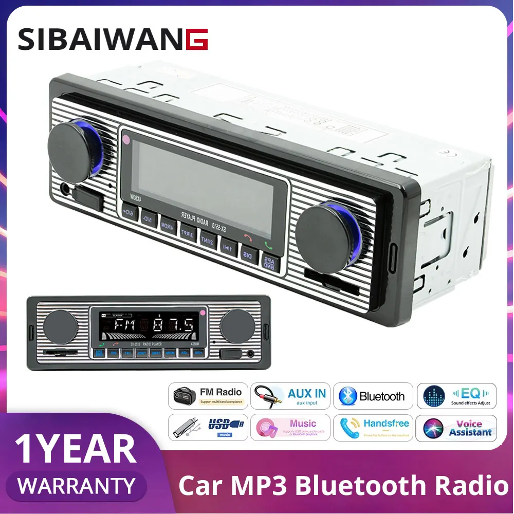 

1Din MP3 Car Radio Bluetooth Vintage Dual Knob Player Support FM AUX EQ SD Card 12V Multimedia Stereo Head Unit USB TF Player