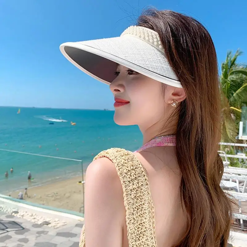 UV Protection Visor Hat Empty Top Wide Brimmed Sun Hat Pearl Design Female Sun Hat Hair Band Style Black Rubber Hat For Summer