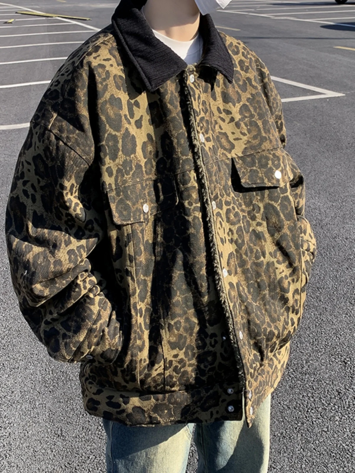 

Lamb Fur Cotton Jaet Men's High Street Hiphop Trendy American Retro Two-Sided Wear Leopard Print Casual Warm Outerwear