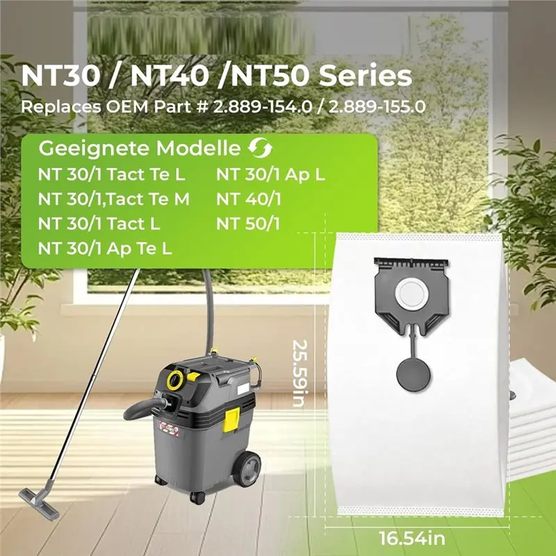 TAIGH-Para Karcher NT 30/1, NT 40/1, NT 50/1 Conjunto de sacos para aspirador compatível com 10 peças para aspiradores de líquidos e sólidos (2.889-154.0)