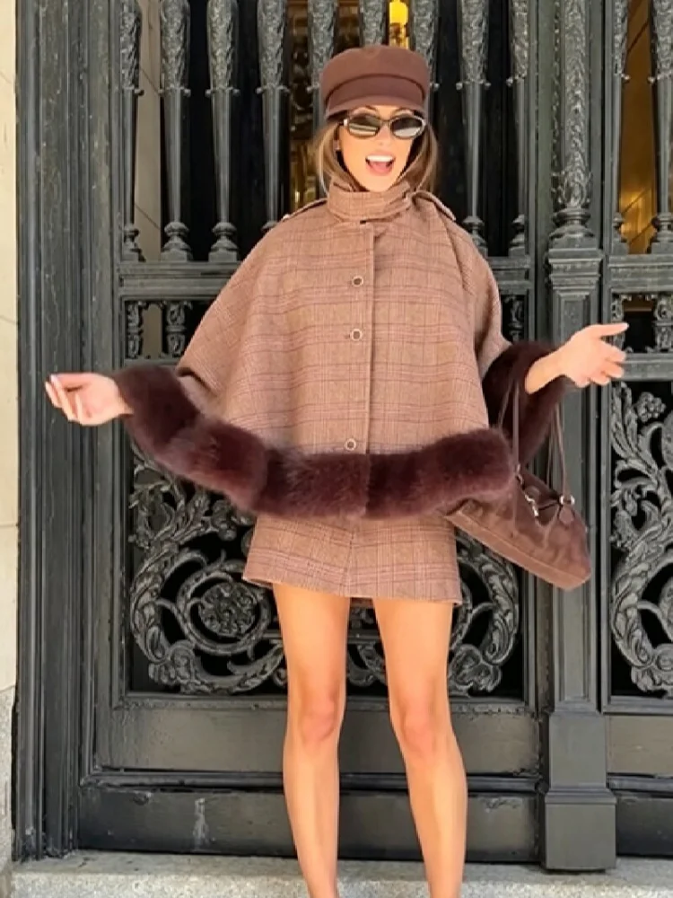 Elegant High Neck Plaid Cape Two Piece Outfit Faux Fur Trim Hem Loose Mini Skirt Set Retro Women Fall Winter Party Holiday Wear