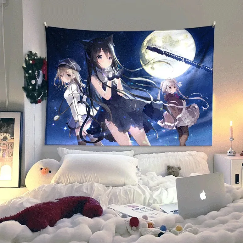 VIKAMA Kawaii Nekomimi Anime Girl Tapestry Twin Tail Cat Ear Dessert Bubble Tea Wall Hanging Sweet Girls Room Decor