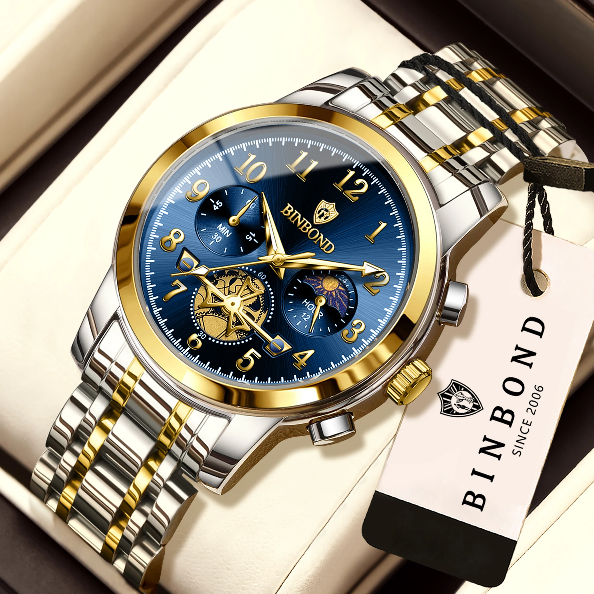 BINBOND Luxury Quartz Watch For Men Vintage Luminous Waterproof Chronograph Men's Watch Business Sport Fashion Casual Reloj+Box
