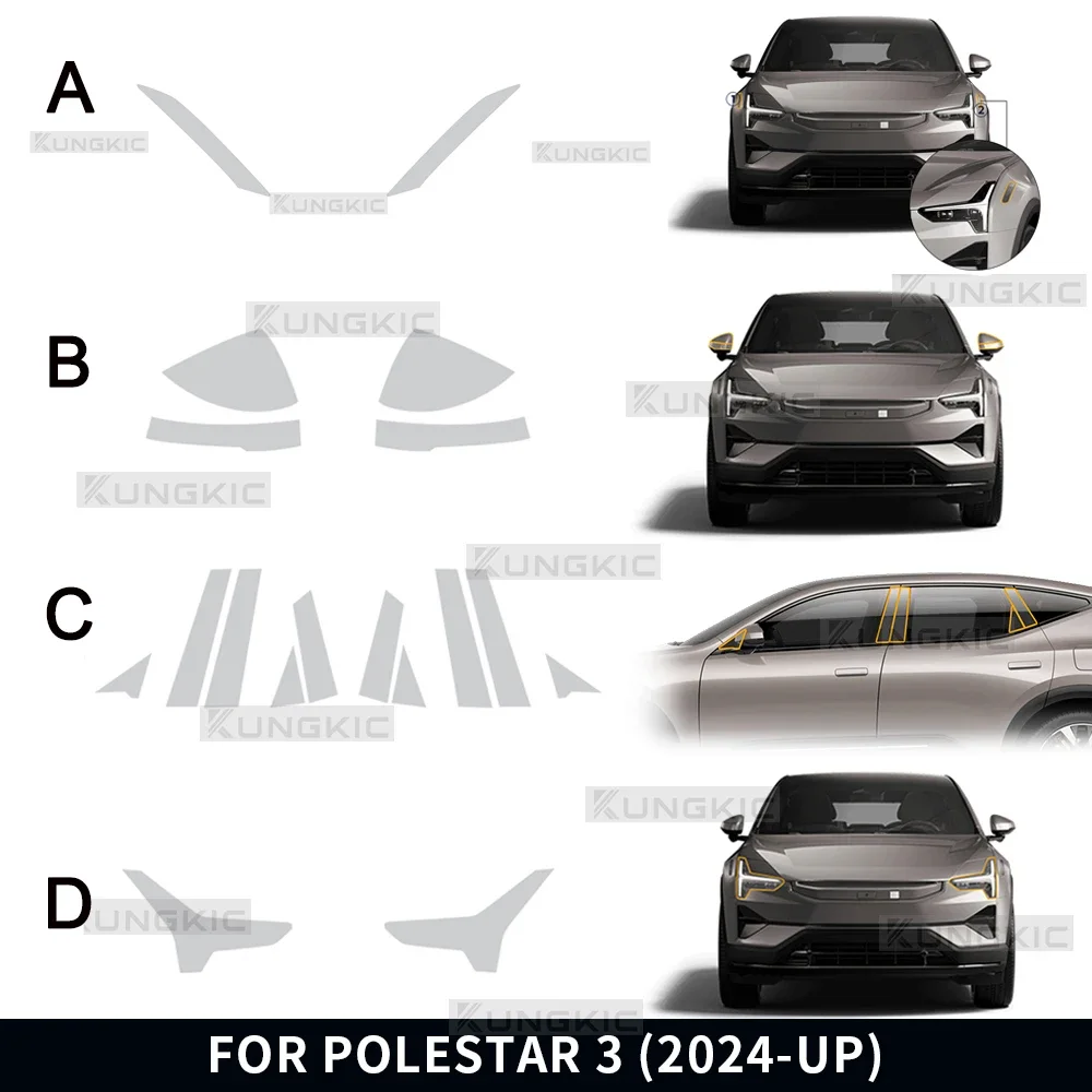 Car Headlight Rearview B Pillars Paint Protection Film For Polestar 3 2024 2025 Anti-scratch Protective Transparent Smoked PPF