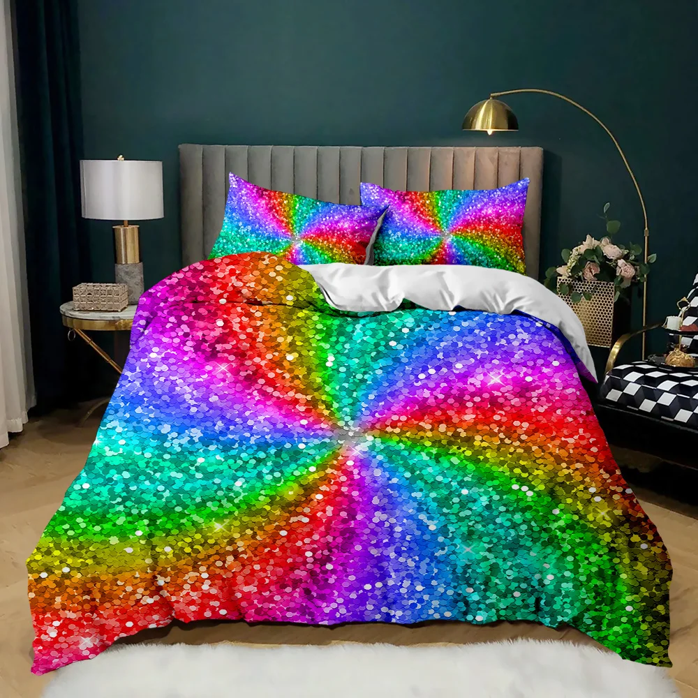 

Rainbow Duvet Cover Set Girly Spiral Multicolor Bright Sequins Bedding Set For Kids Girls King Size Soft Microfiber Quilt Cover