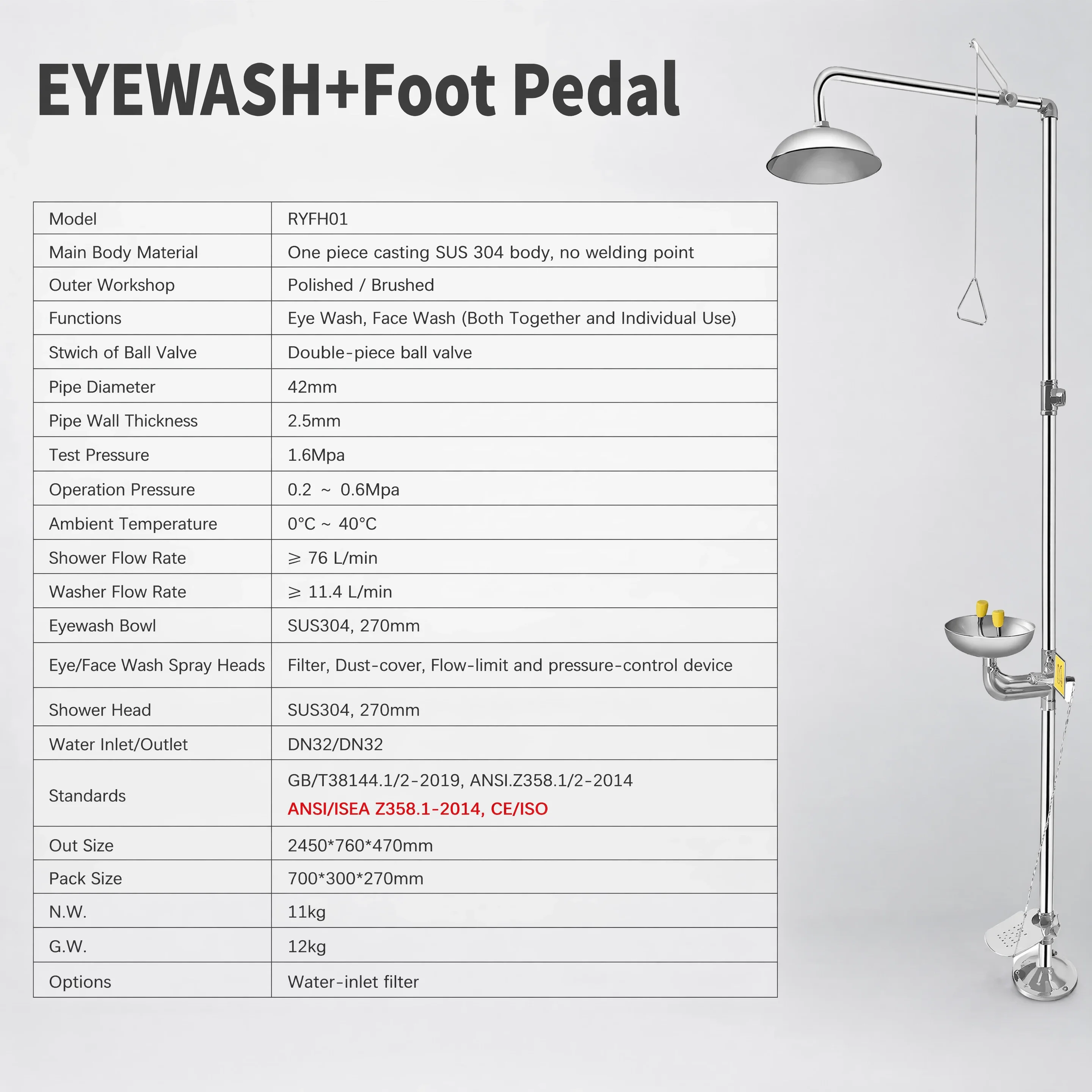 Wall Mounted Emergency Eyewash Station With Shower Portable Safety Eye Wash Unit stock