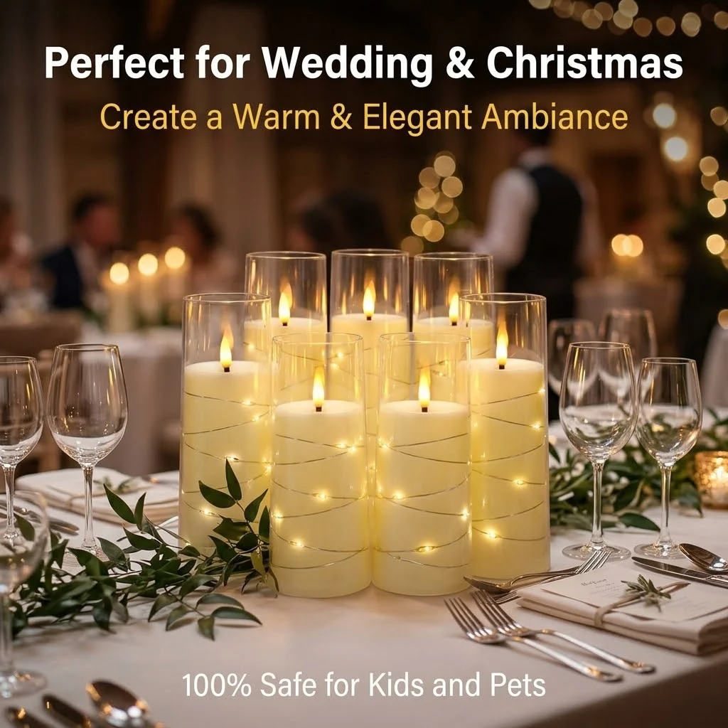 7Pcs White Flameless Candles Embedded Star String Battery Operated LED Pillar Candle For Wedding Christmas Home Ambiance Decor