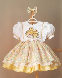 0-12Y Girl Summer Yellow Floral Chicken Embroidery Turkish Vintage Lolita Princess Ball Gown Dress for Birthday Holiday Eid B233