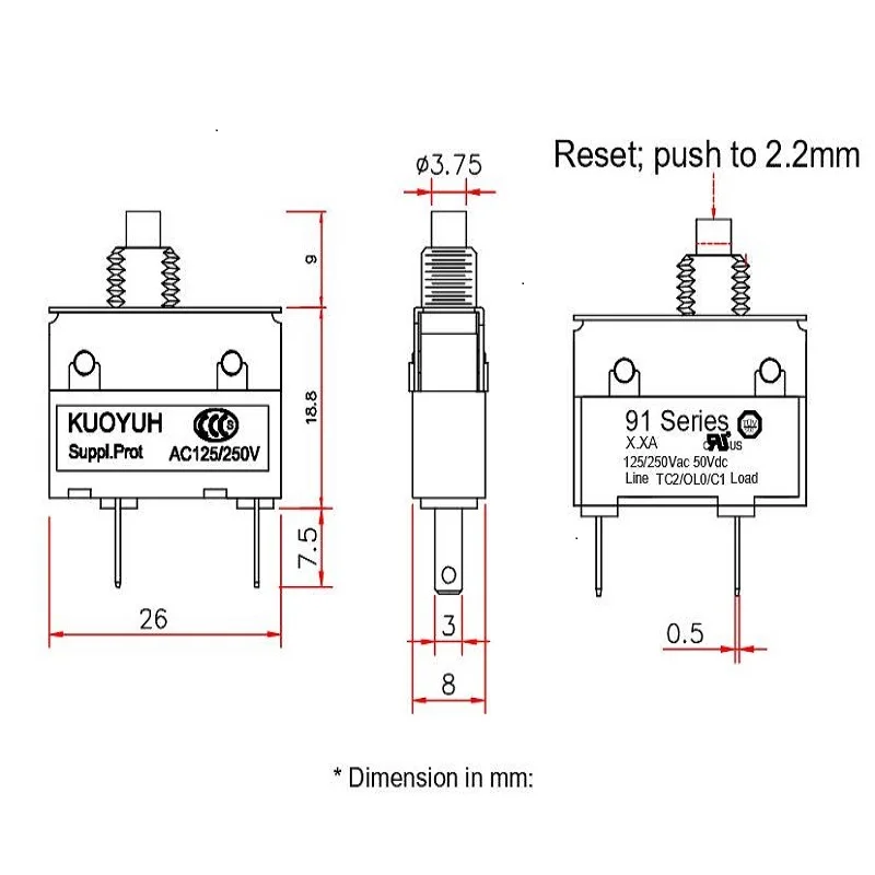 100% Kuoyuh of 91 series 2.0A Miniature Circuit breaker with Overload protector switch for Motors Battery chargers