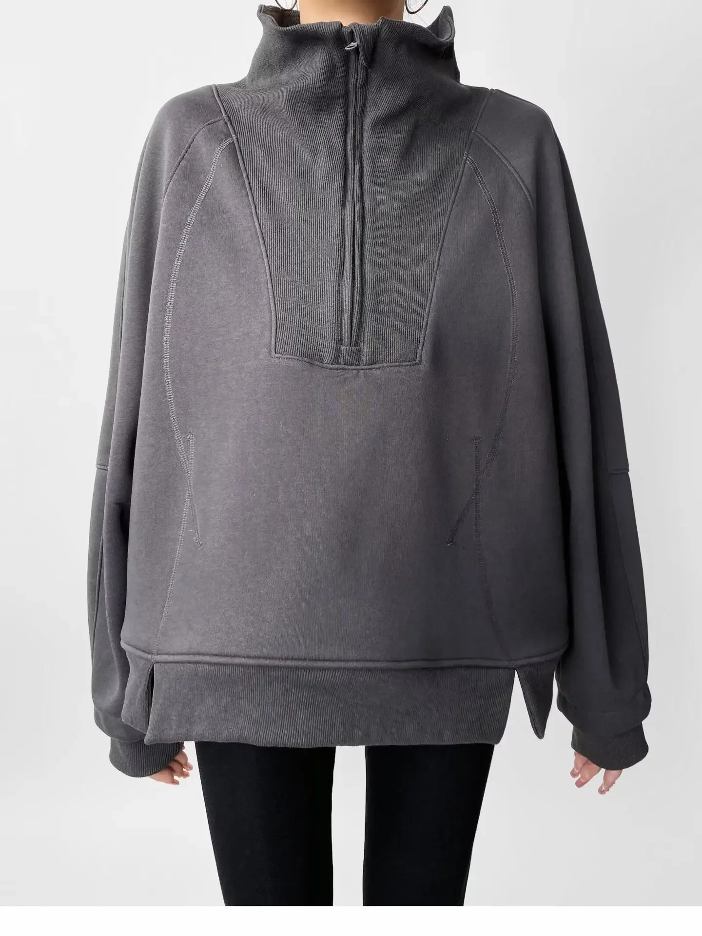 لولو نمط ربيع الخريف الوقوف الياقة نصف البريدي فضفاض المرأة عارضة رياضي المرقعة البلوز ملابس خارجية عصرية #4